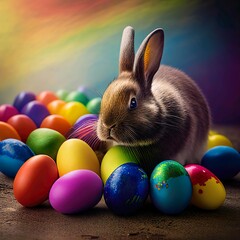 Fototapeta na wymiar Kaninchen / Hase mit bunten Ostereier aufm Rassen mit Frühlingsblumen, Osterbild , Postkarte, generative AI
