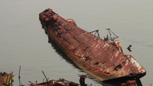 Decayed ships from the USSR era on Zira Island in the Caspian Sea