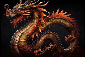 Obraz premium Fire red of full traditional chinese dragon. Chinese Lunar New Year. Happy chinese new year 2024. Years of the Dragon. Dark Background. Generative AI technology