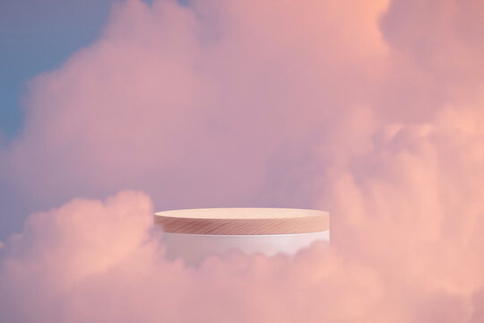 Wood podium outdoor on blue sky gold pastel clouds with empty space.Beauty cosmetic product placement pedestal present promotion minimal display,summer paradise dreamy concept.