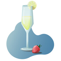a glass of champagne strawberry cocktail lemon slice bubbles alcohol