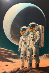 vintage full length sci-fi painting of two astronauts on alien planet with giant moon, created with generative ai