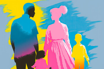 silhouette of a modern multi generational family with people walking hand in hand, gradient pink, yellow & blue duotone pop art vector illustration (generative ai)
