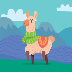 llama wearing scarff in landscape