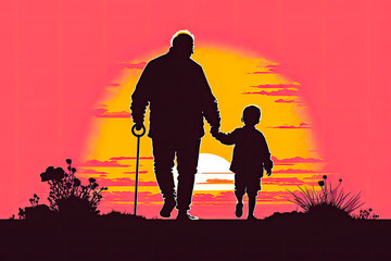 Grandparent/grandfather is walking hand in hand with grandchild grandson into sunset in the afternoon, colorful gradient generative ai, duotone vector art illustration