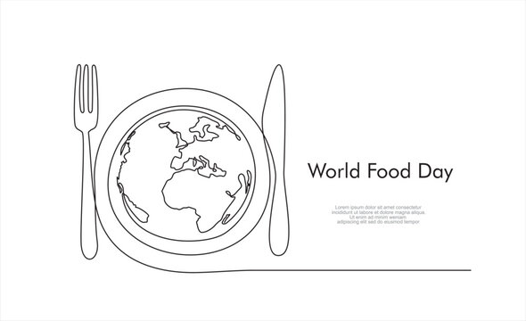 Continuous one single line drawing of Globe, knife and fork. World Food day isolated on white background. Vector Illustration.