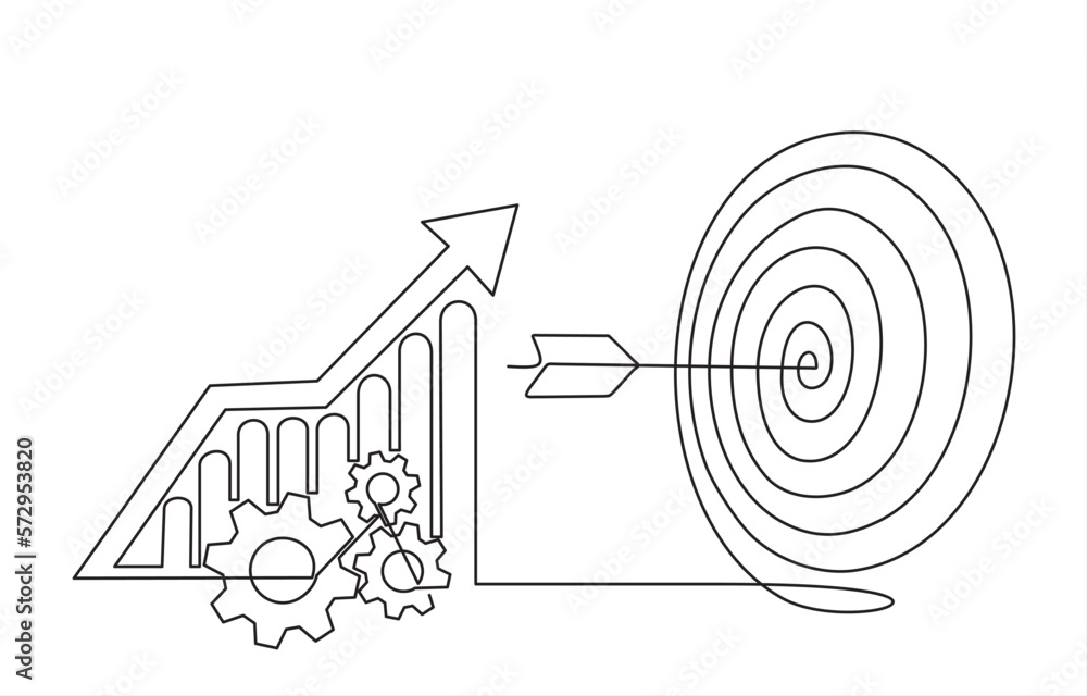 Fototapete continuous one line drawing of dart board and increasing up arrows bar graph. startup idea creative 