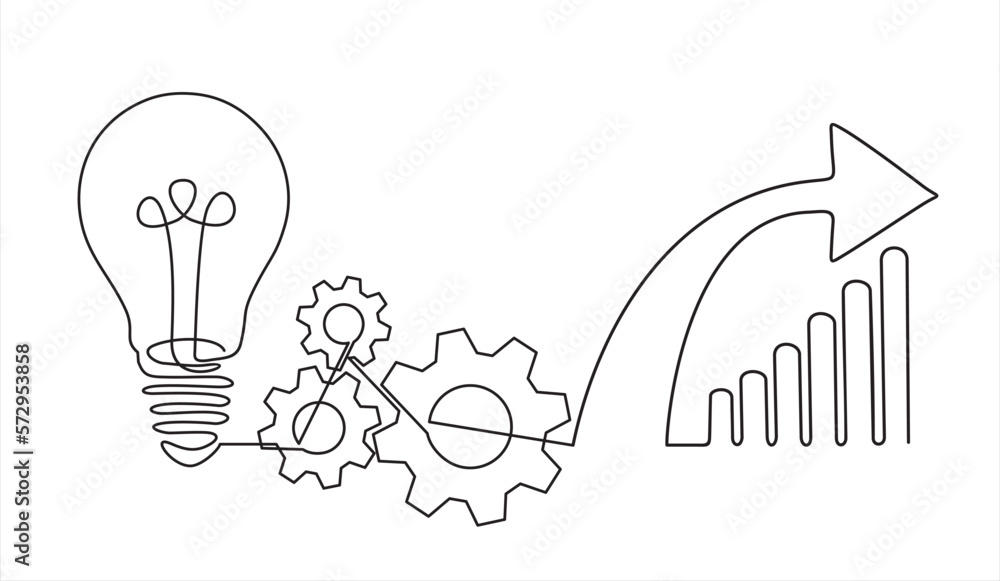 Poster continuous one line drawing of light bulb with a dart board and increasing up arrows bar graph. star
