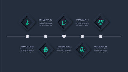 Neumorphic flowchart dark iinfographic. Creative concept for infographic with 5 steps, options, parts or processes.