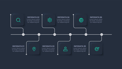 Neumorphic flowchart dark iinfographic. Creative concept for infographic with 6 steps, options, parts or processes.