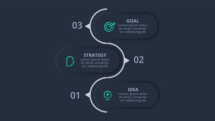 Neumorphic flowchart dark iinfographic. Creative concept for infographic with 3 steps, options, parts or processes.