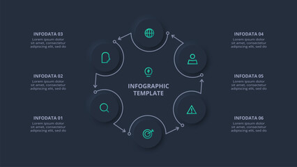 Neumorphic flowchart dark iinfographic. Creative concept for infographic with 6 steps, options, parts or processes.