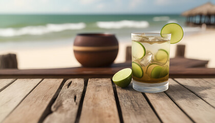 cocktail caipirinha on the beach. Generative AI © AlexSantosDesigner