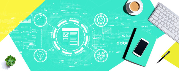 Project management theme with a computer keyboard and office items