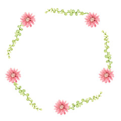 Floral wreath set, succulents cactus collection with isolated pink leaves and hand drawn watercolor floral design