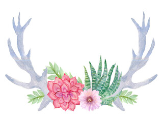 Obraz na płótnie Canvas Boho Deer horns floral succulents and cactus collection with isolated pink leaves and hand drawn watercolor design