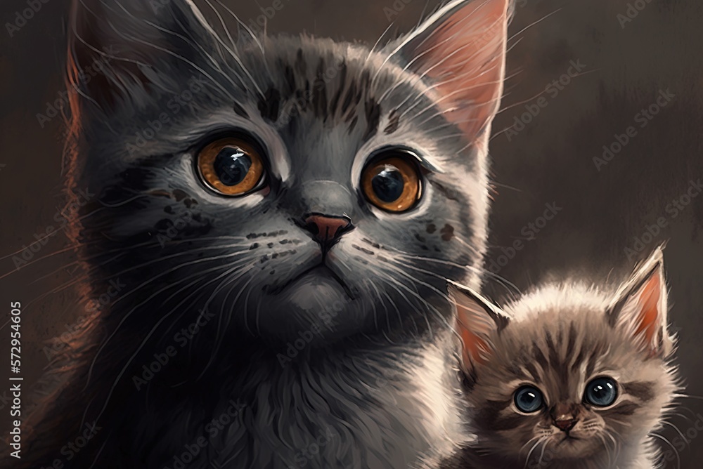 Poster vertical closeup of a gray kitten and a cat generative ai