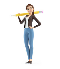 3d happy cartoon woman holding pencil