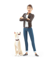 3d cartoon man standing with his dog