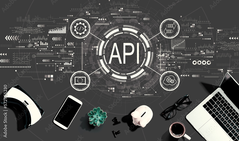 Poster api - application programming interface concept with electronic gadgets and office supplies - flat l