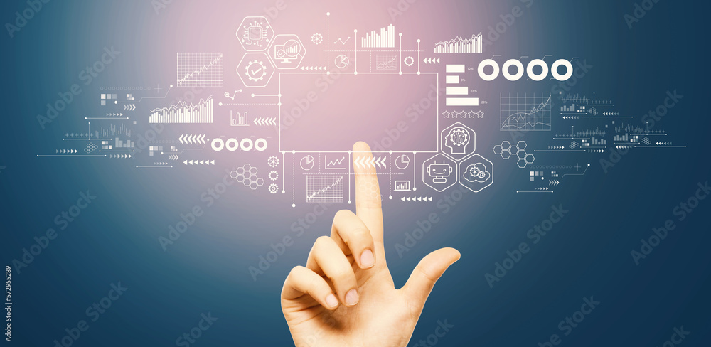 Aufkleber digital transformation and technological revolution concept with hand pressing a button on a technol
