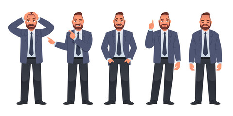 Man in full growth character set. A businessman stands in despair, in sadness, sadness, joy, thinks about something, points to something. A bearded man in a jacket, trousers, shirt and tie