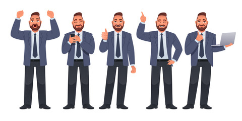 Bearded man in a suit with a tie stands in different poses. Man in full growth character set. A businessman rejoices at something, looks into a smartphone, approves, with a laptop in his hands.