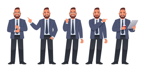 Man in full growth character set. A businessman stands in glasses, points to something, rejoices, holds a tablet in his hand and a glass of coffee. A bearded man in a suit with a tie