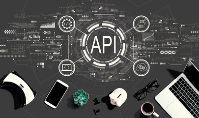 API - application programming interface concept with electronic gadgets and office supplies - flat lay