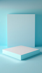 square product podium board on floor with pastel blue background portrait created with Generative AI technology