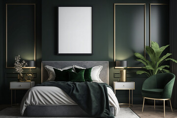 Premium Green and Gray Bedroom Mockup Frame in a Hotel or House with Large Bed and Emerald Blank Wall. Ai Generative