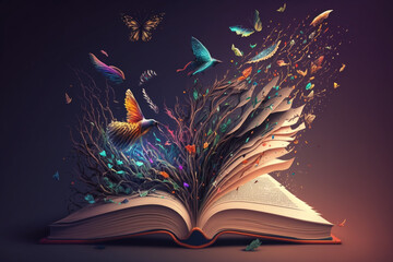 a fantastic open book, where colorful magical creatures are flying out of the pages and into the air Generative AI