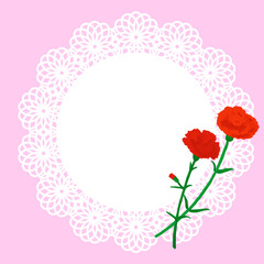 手描きの赤いカーネーションと白色のレースのフレーム（ピンク色の背景）