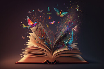 a fantastic open book, where colorful magical creatures are flying out of the pages and into the air Generative AI