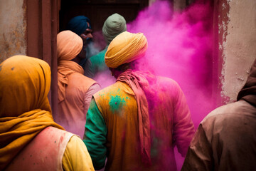 Fototapeta premium Generative AI of people with colorful powder celebrating at Holi, the Hindu festival of colors. 