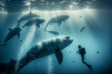 Scuba diver in the ocean with whales. Sunrays in the water. Generative Ai. 