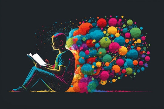 An image of a person sitting with a book in their lap, while colorful thought bubbles and ideas emanate from their brain Generative AI