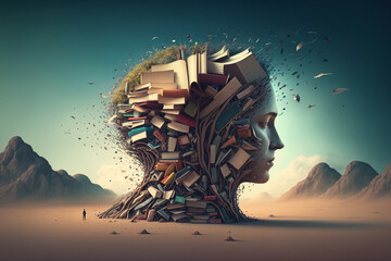 Fototapeta premium A surreal, dreamlike scene of a book sprouting from the head of a person, who is surrounded by a swarm of other books and creative concepts Generative AI