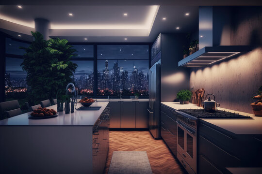 Luxury Apartment Kitchen At Night . Luxury Interior Decoration Design. Peculiar AI Generative Image.