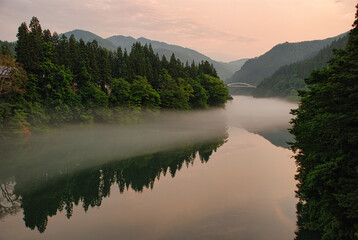 Japanese scenery - morning on the river with fog