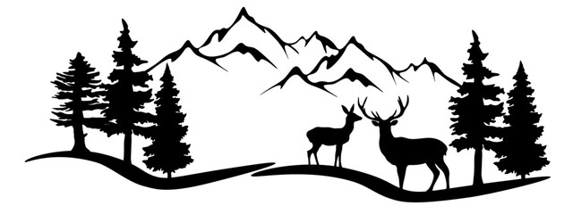Black silhouette of deer mountains and forest fir trees camping landscape panorama illustration icon vector for logo, isolated on white background