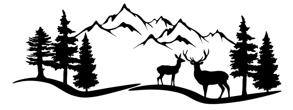 Black silhouette of deer mountains and forest fir trees camping landscape panorama illustration icon vector for logo, isolated on white background