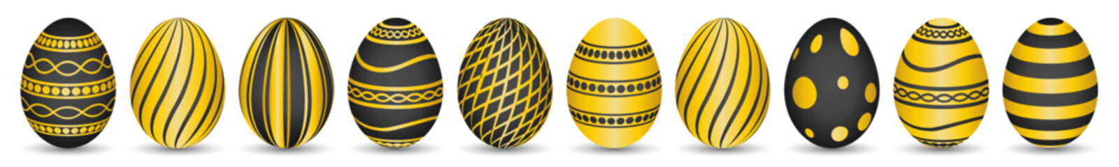 Vector - 10 Easter eggs in black-gold on white background. Vacation concept. - 572956668