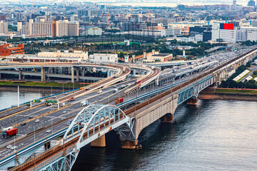 Aerial view of an expressway bridge in Odaiba, Tokyo, Japan