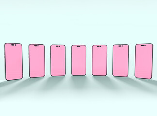 Realistic smartphones grid mockup for application and mobile website design presentation. 3D render