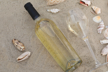 glass of white wine on sand as background with shells