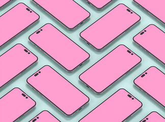 Realistic smartphones grid mockup for application and mobile website design presentation. 3D render