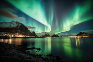 Fototapeta na wymiar Norway's winter landscape is a beautiful natural backdrop, highlighted by the green Northern Lights dancing above the mountains in a stunning display of natural beauty 48