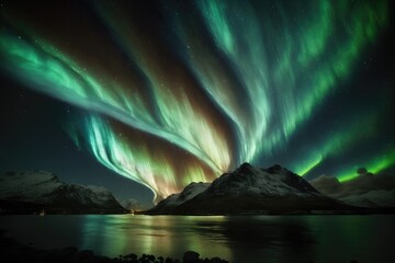 Fototapeta na wymiar Norway's winter landscape is a beautiful natural backdrop, highlighted by the green Northern Lights dancing above the mountains in a stunning display of natural beauty 45