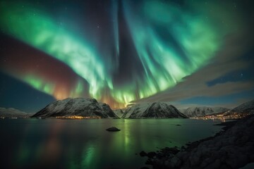Fototapeta na wymiar Norway's winter landscape is a beautiful natural backdrop, highlighted by the green Northern Lights dancing above the mountains in a stunning display of natural beauty 40